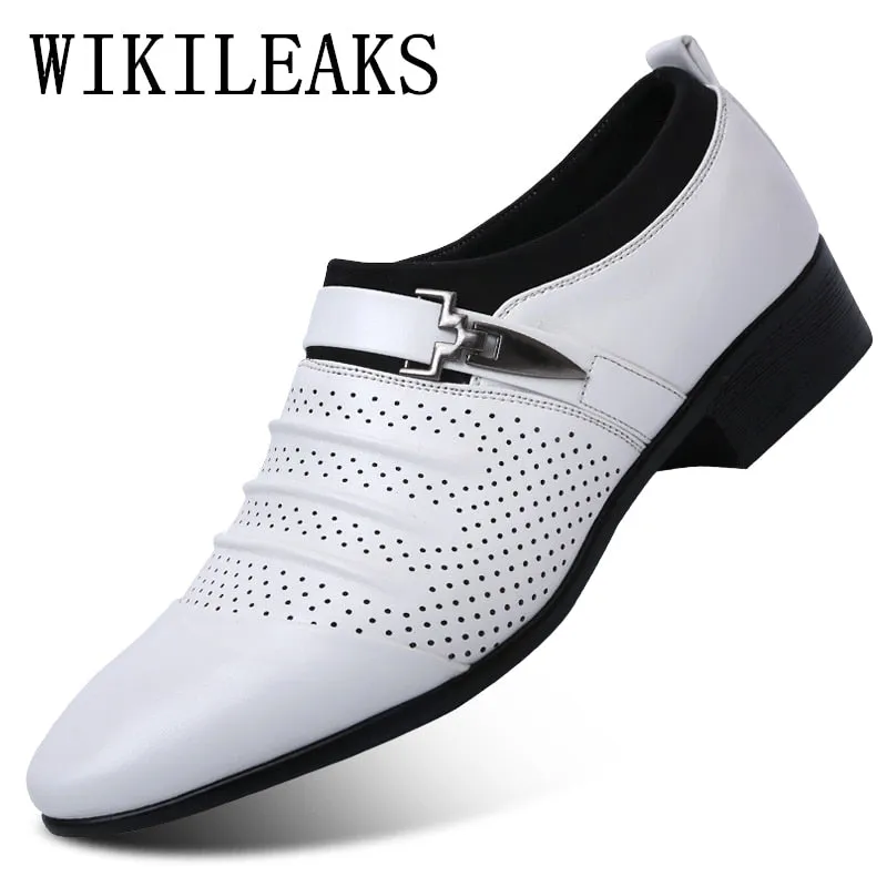 2020 Summer Black Brown White Men Leather Shoes Mens Pointed Toe Dress Shoes High Quality Formal Slip On Hollow Out Sandals Man