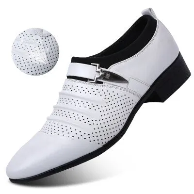 2020 Summer Black Brown White Men Leather Shoes Mens Pointed Toe Dress Shoes High Quality Formal Slip On Hollow Out Sandals Man