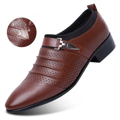 2020 Summer Black Brown White Men Leather Shoes Mens Pointed Toe Dress Shoes High Quality Formal Slip On Hollow Out Sandals Man