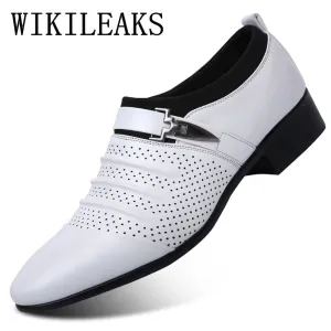 2020 Summer Black Brown White Men Leather Shoes Mens Pointed Toe Dress Shoes High Quality Formal Slip On Hollow Out Sandals Man