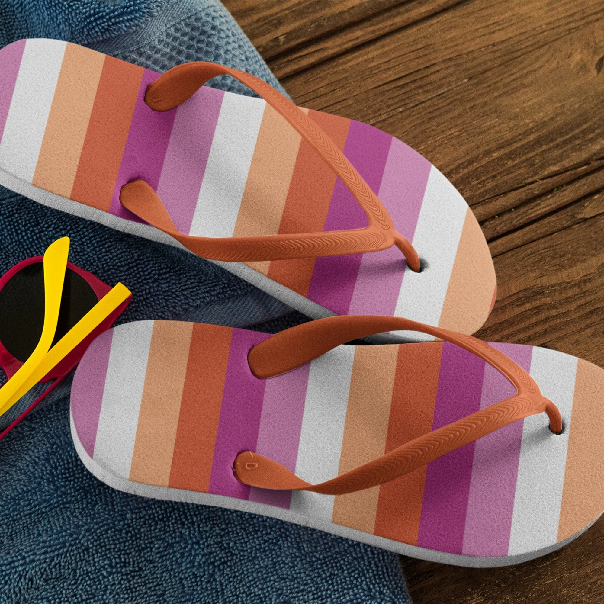 65 MCMLXV LGBT Lesbian Pride Sunset Flag Adult Flip Flops