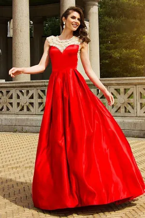 A-Line Jewel Sweep Train Red Satin Sleeveless Prom Dress with Beading LRA190