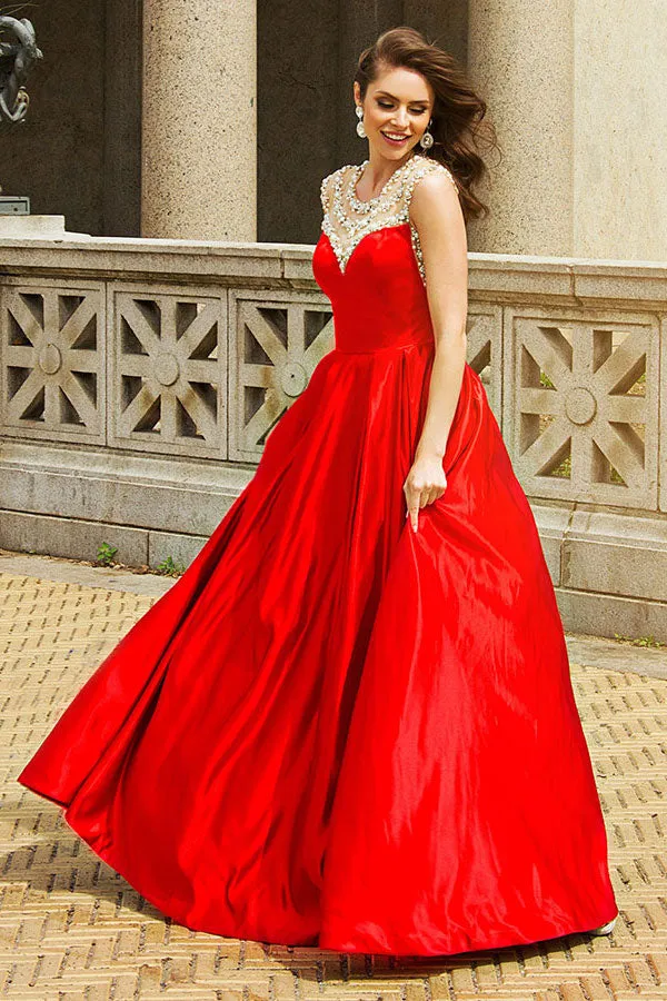 A-Line Jewel Sweep Train Red Satin Sleeveless Prom Dress with Beading LRA190