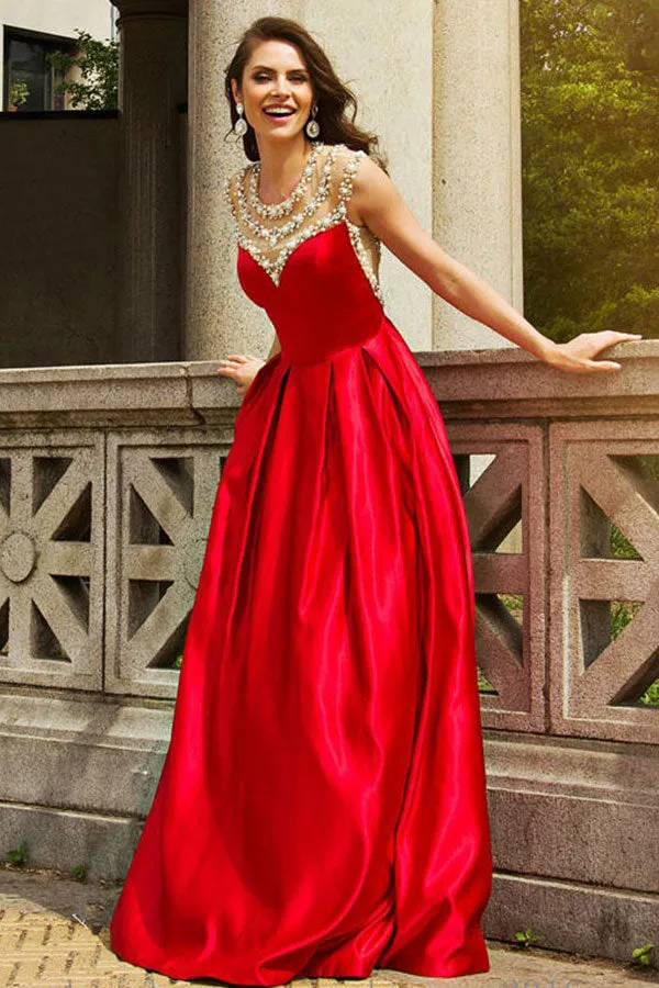 A-Line Jewel Sweep Train Red Satin Sleeveless Prom Dress with Beading LRA190