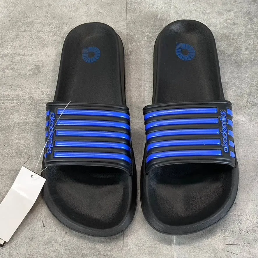 AKADEMIKS Men's Black/Royal Flip 1.0 Stripe Slide Sandals SZ 9