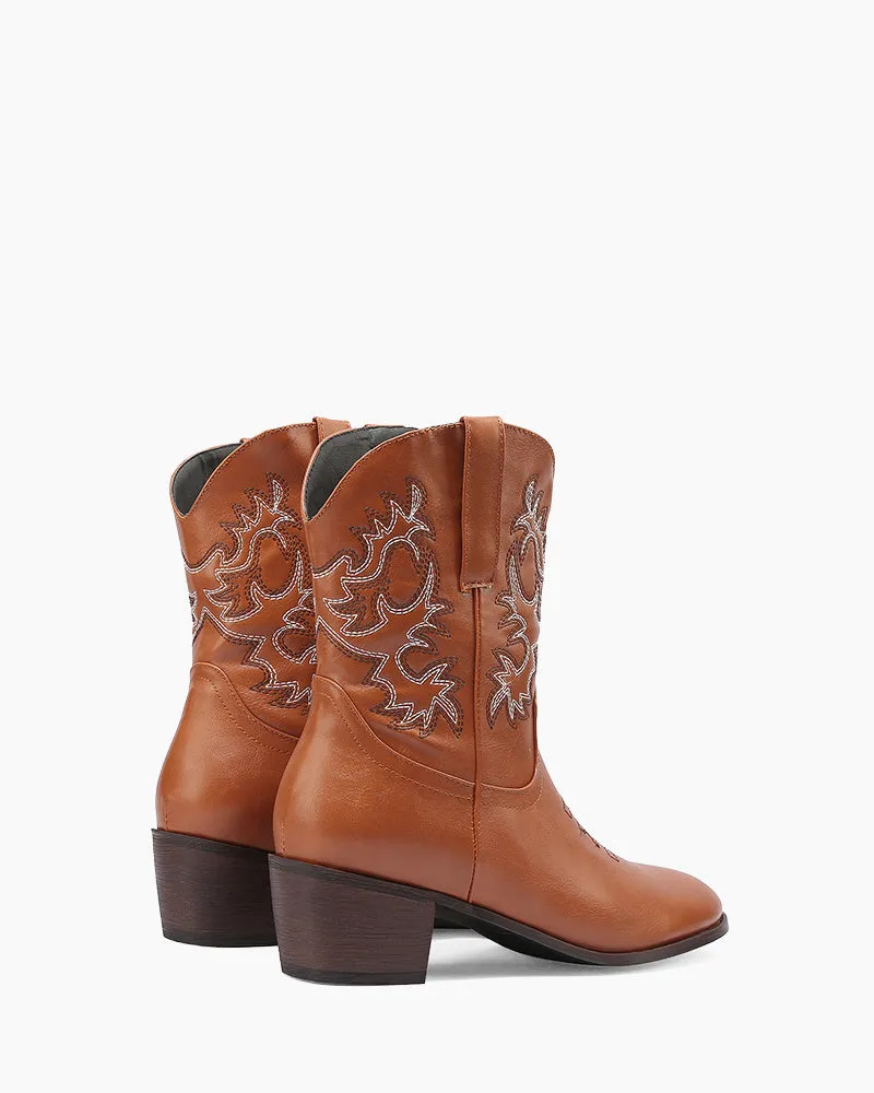 Army Green Embroidery Stitched Western Ankle Boots