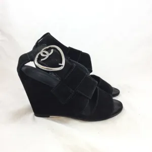 Chanel Suede Wide Strap Wedges. Size 36.5