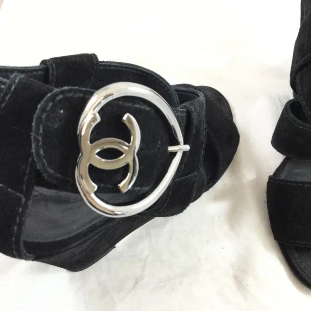 Chanel Suede Wide Strap Wedges. Size 36.5