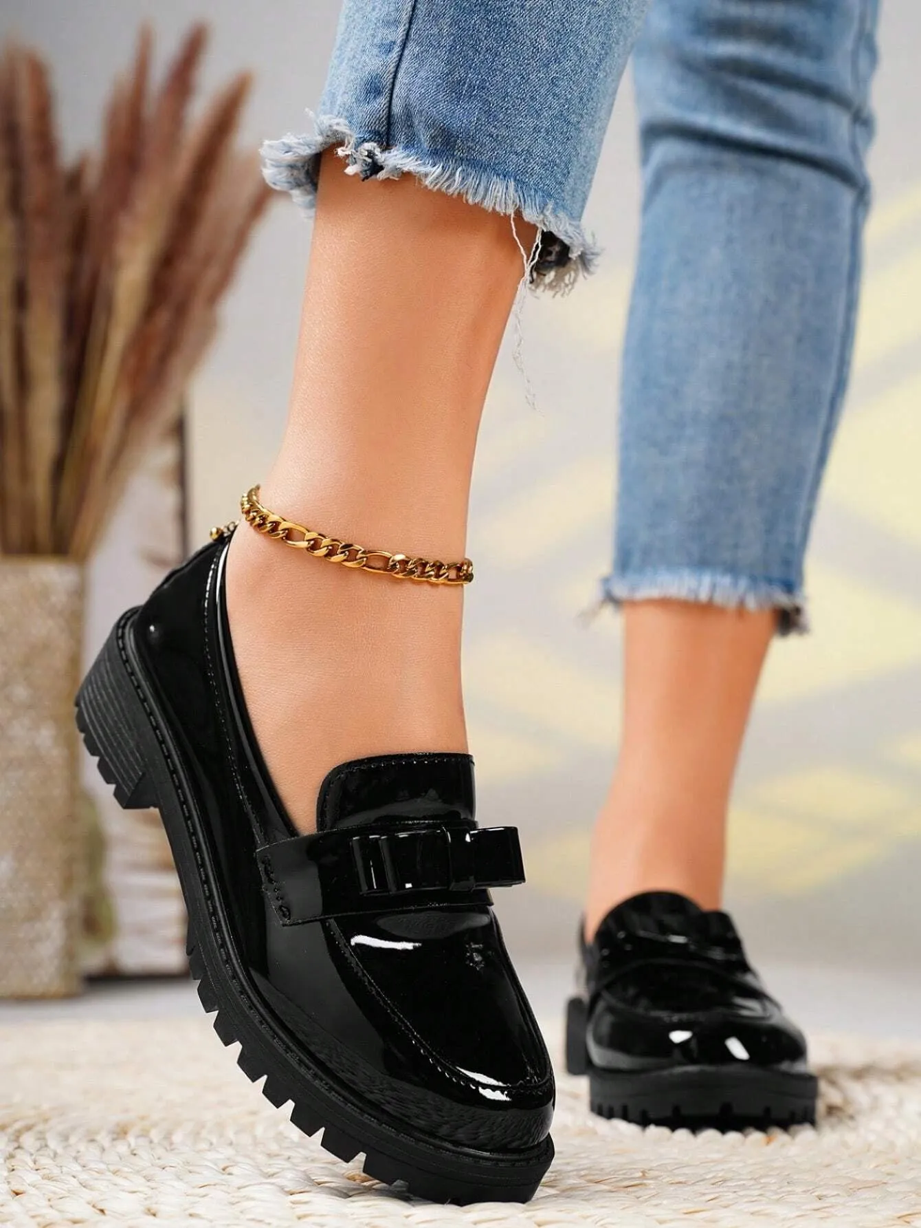 Chunky Heel & High Leather Loafers With Bow Tie Design Pumps- FD ⚡