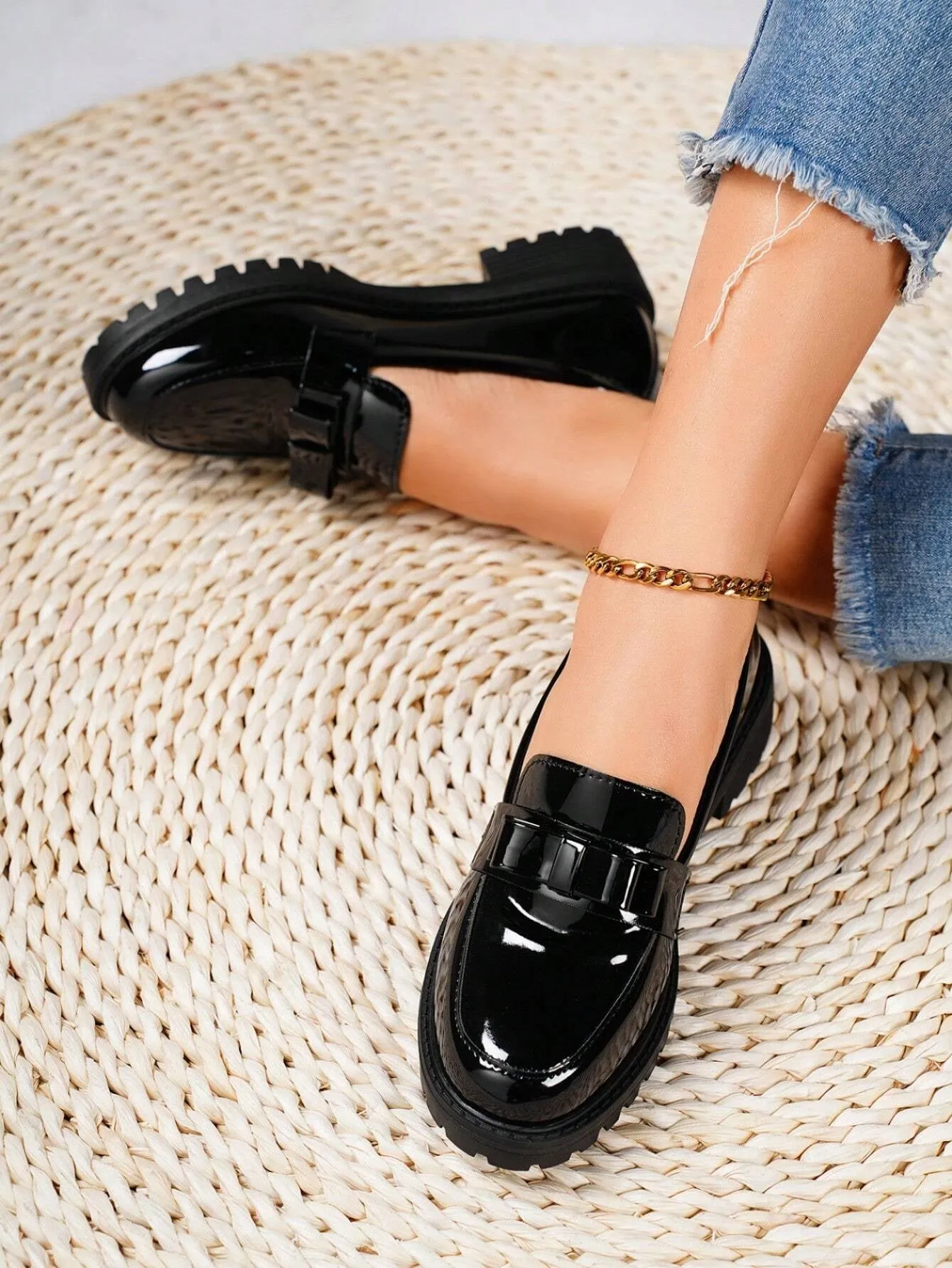 Chunky Heel & High Leather Loafers With Bow Tie Design Pumps- FD ⚡