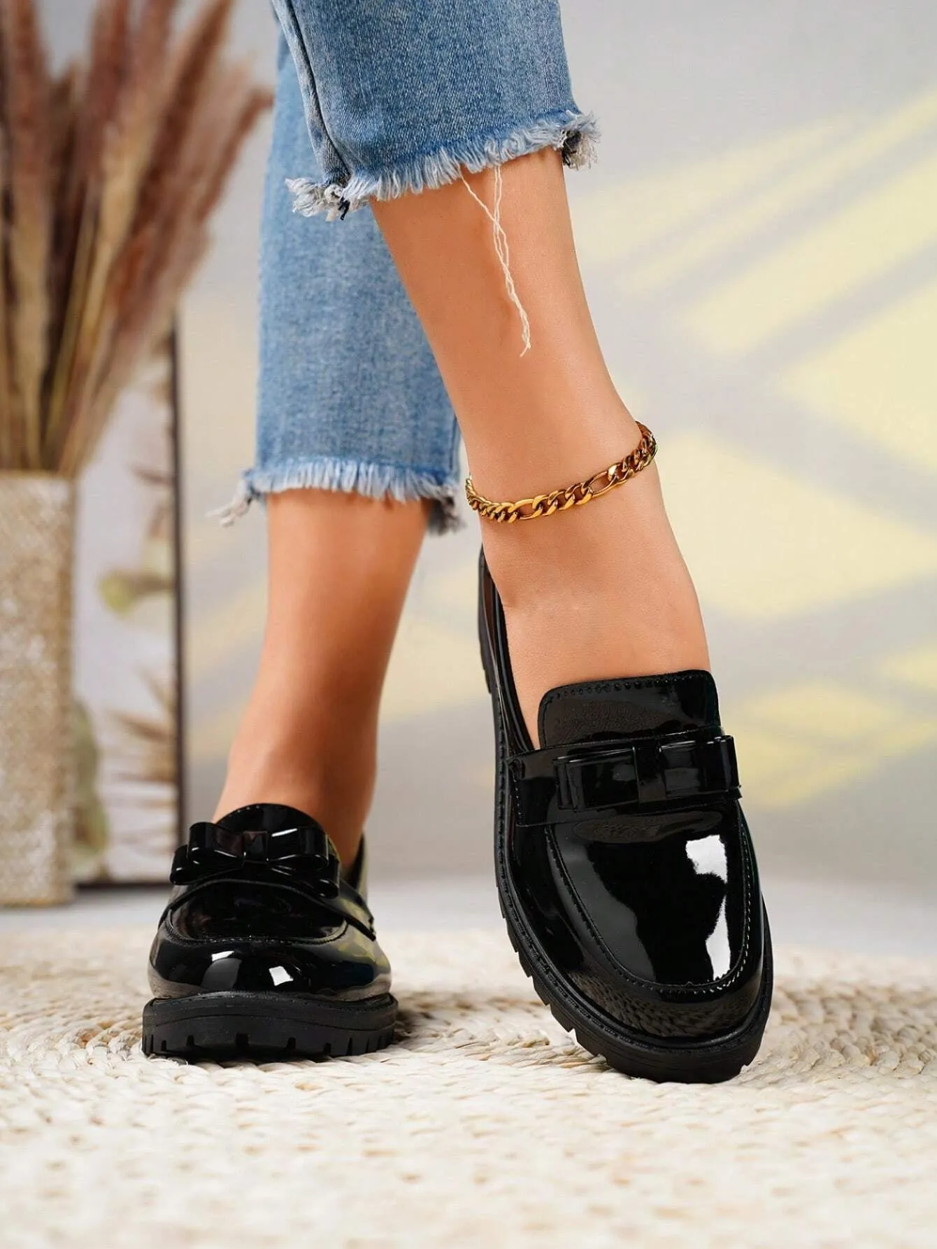 Chunky Heel & High Leather Loafers With Bow Tie Design Pumps- FD ⚡