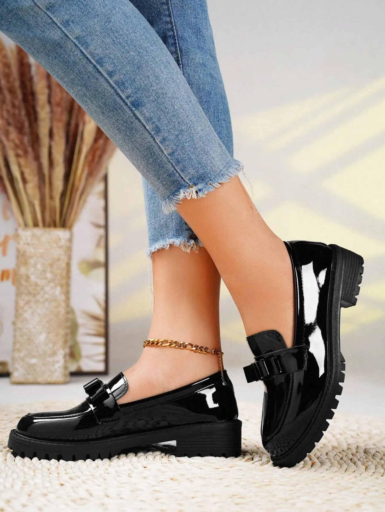 Chunky Heel & High Leather Loafers With Bow Tie Design Pumps- FD ⚡