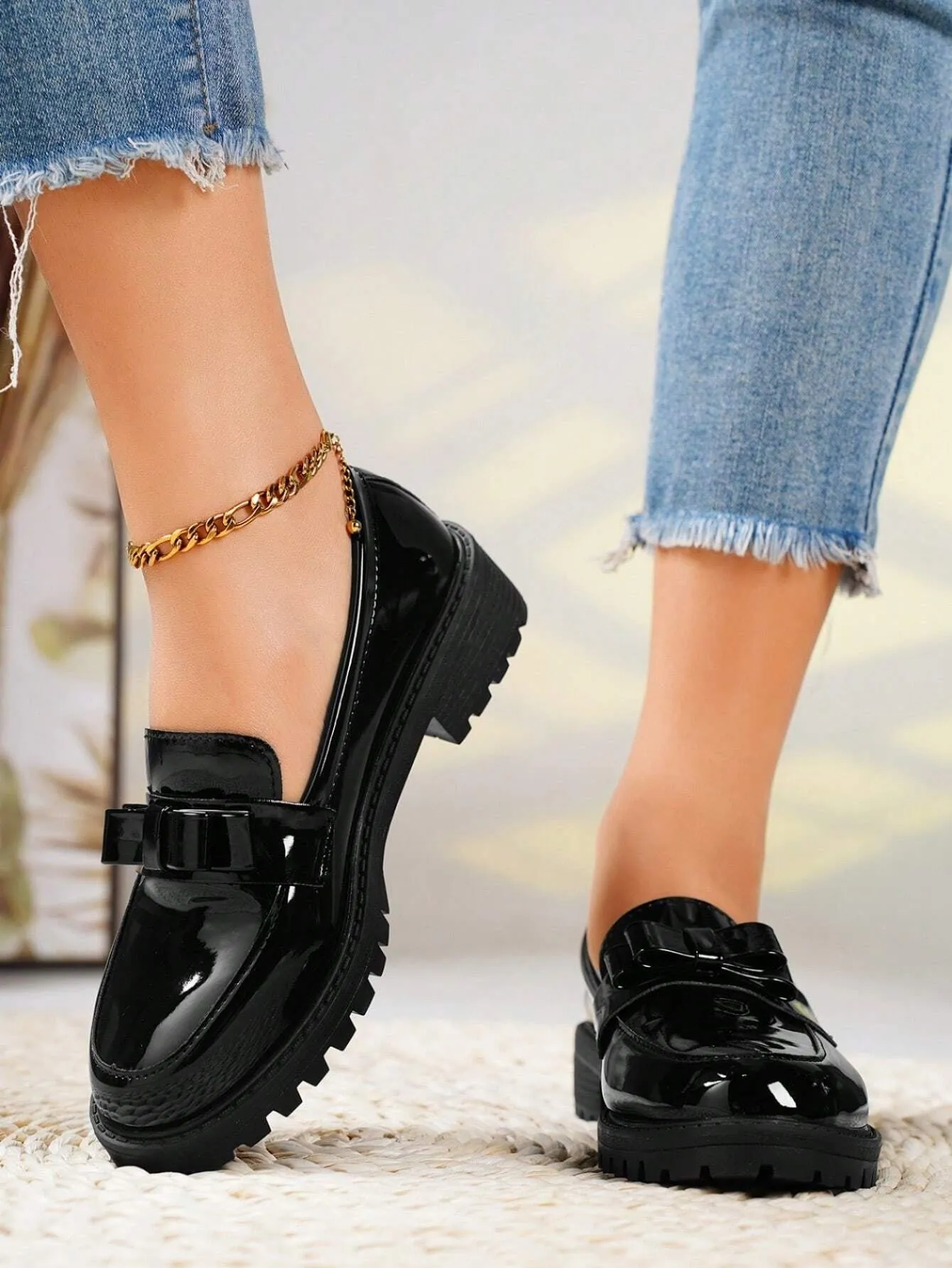 Chunky Heel & High Leather Loafers With Bow Tie Design Pumps- FD ⚡