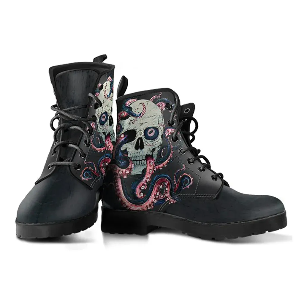 Combat Boots for Women - Skull With Octopus Tentacles Women's Handcrafted Premium Boots