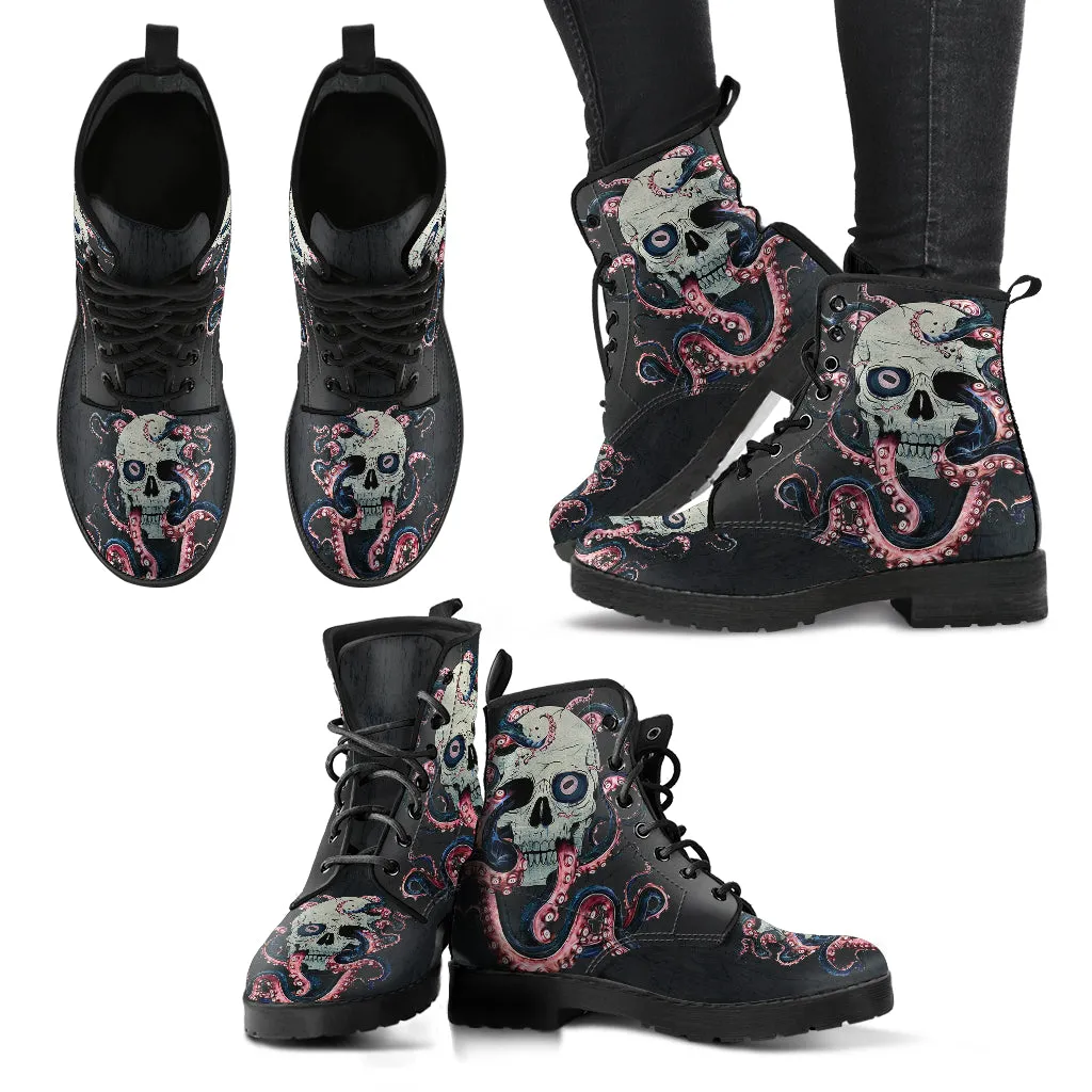 Combat Boots for Women - Skull With Octopus Tentacles Women's Handcrafted Premium Boots
