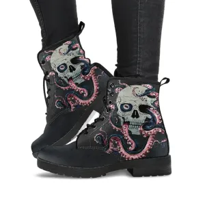 Combat Boots for Women - Skull With Octopus Tentacles Women's Handcrafted Premium Boots