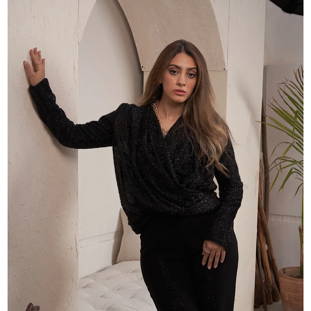 Double breasted drape glittery blouse