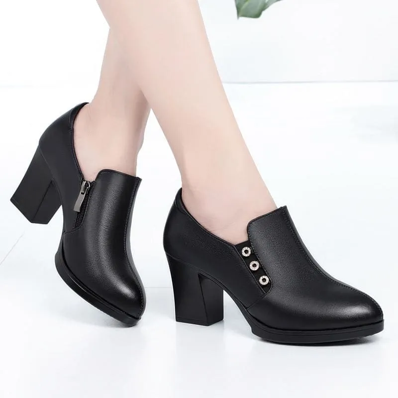Elegant Plunge Cut British Style Genuine Leather High Heels