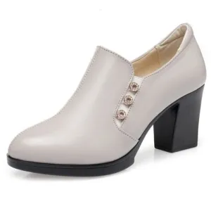Elegant Plunge Cut British Style Genuine Leather High Heels