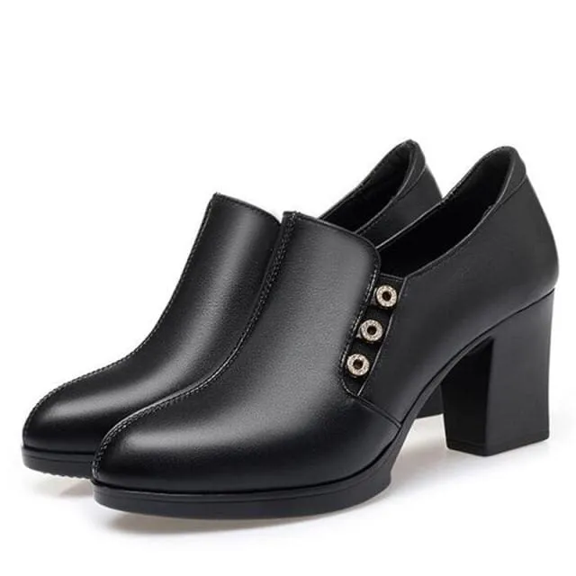 Elegant Plunge Cut British Style Genuine Leather High Heels