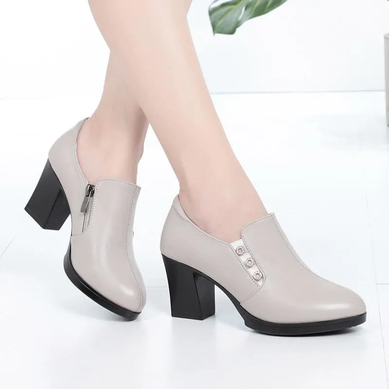 Elegant Plunge Cut British Style Genuine Leather High Heels