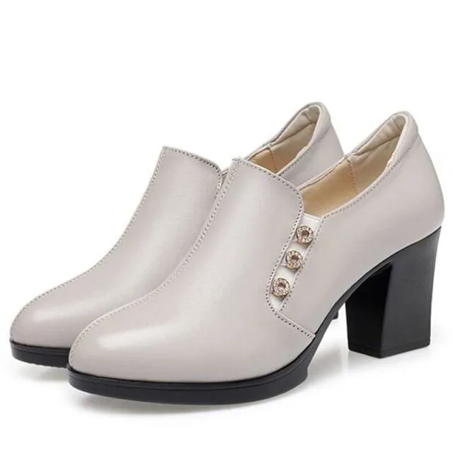 Elegant Plunge Cut British Style Genuine Leather High Heels