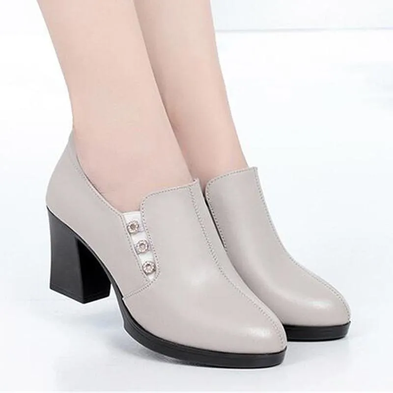 Elegant Plunge Cut British Style Genuine Leather High Heels