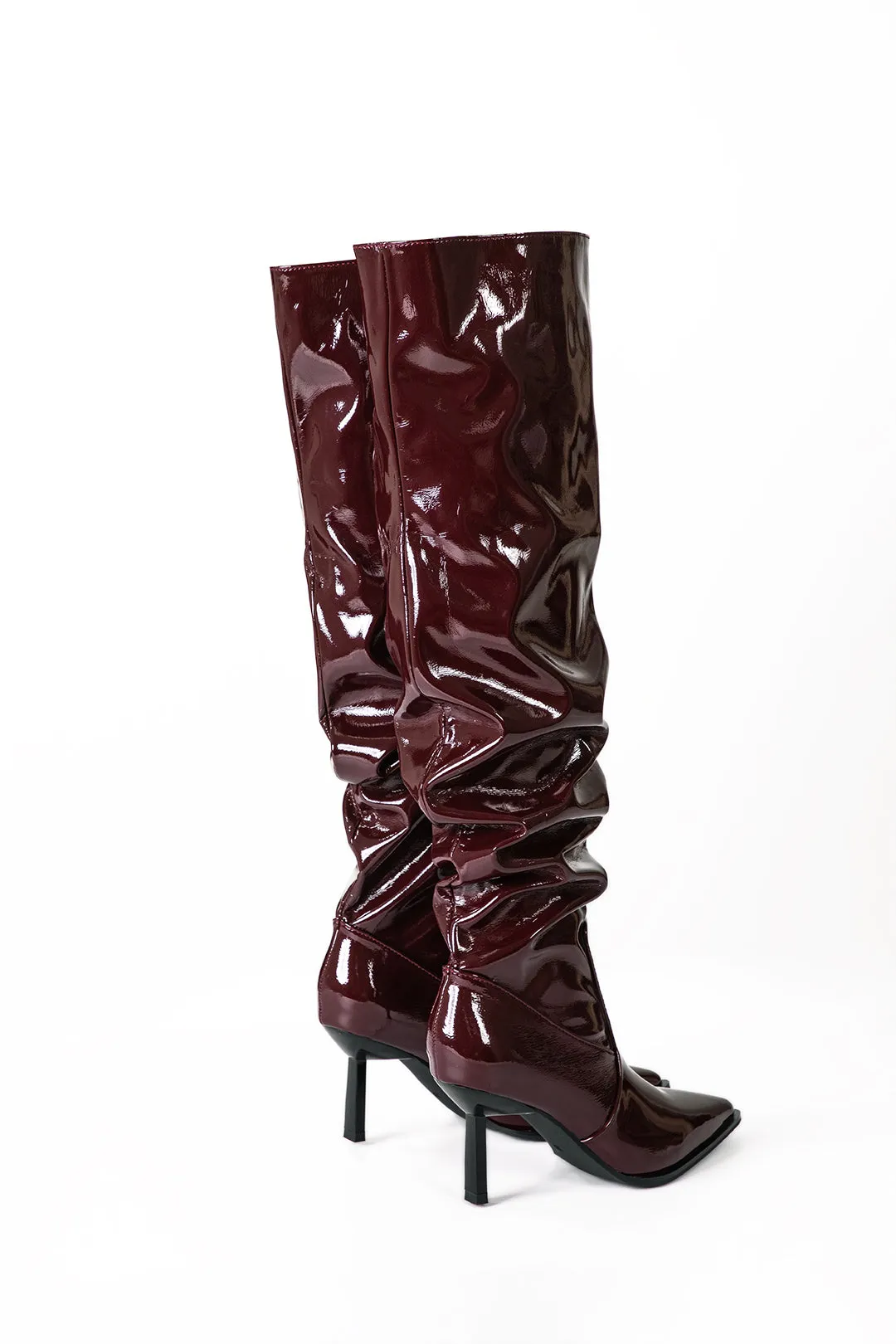 Faux Leather Ruched Pointed Toe Knee High Boots - Burgundy, Black, White