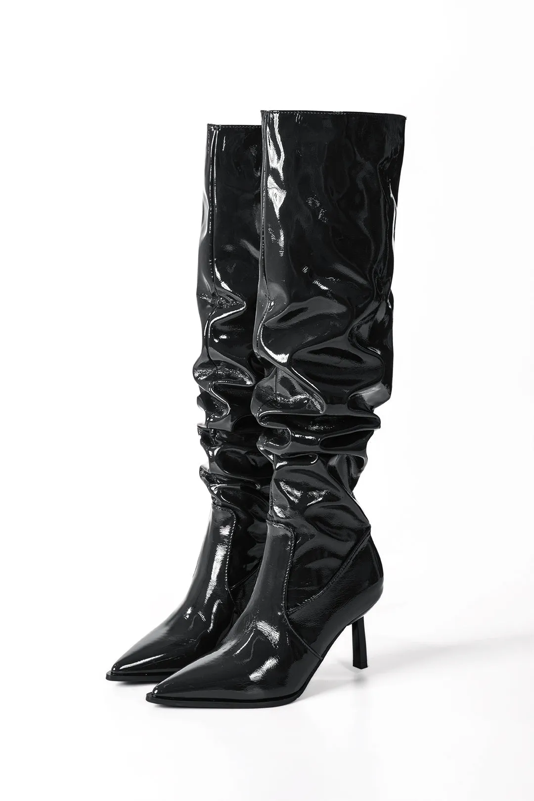 Faux Leather Ruched Pointed Toe Knee High Boots - Burgundy, Black, White