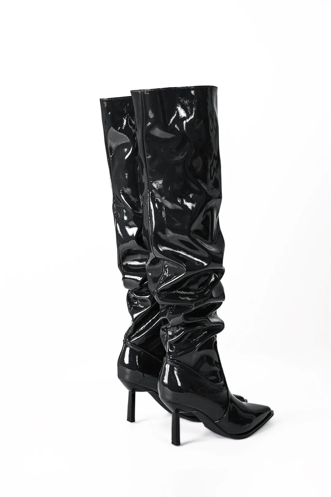 Faux Leather Ruched Pointed Toe Knee High Boots - Burgundy, Black, White