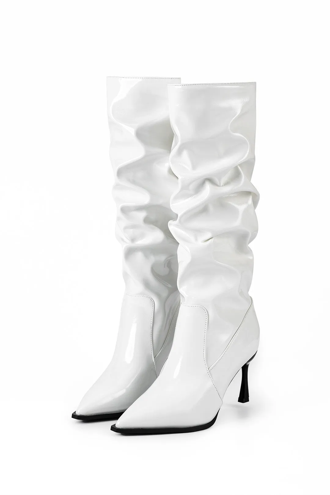 Faux Leather Ruched Pointed Toe Knee High Boots - Burgundy, Black, White