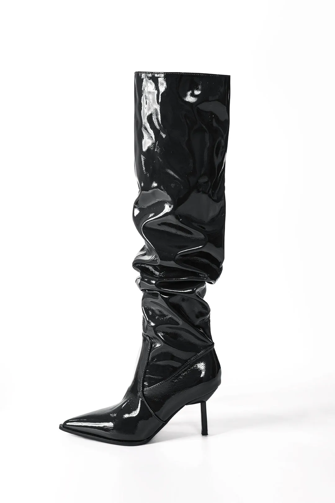 Faux Leather Ruched Pointed Toe Knee High Boots - Burgundy, Black, White