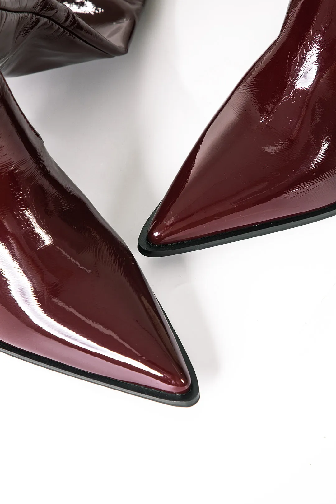 Faux Leather Ruched Pointed Toe Knee High Boots - Burgundy, Black, White