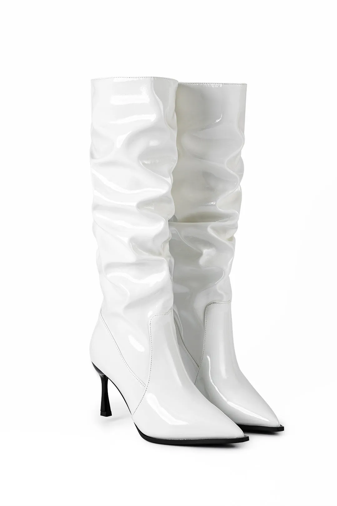 Faux Leather Ruched Pointed Toe Knee High Boots - Burgundy, Black, White
