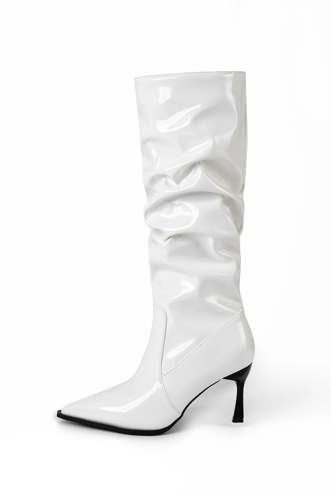 Faux Leather Ruched Pointed Toe Knee High Boots - Burgundy, Black, White