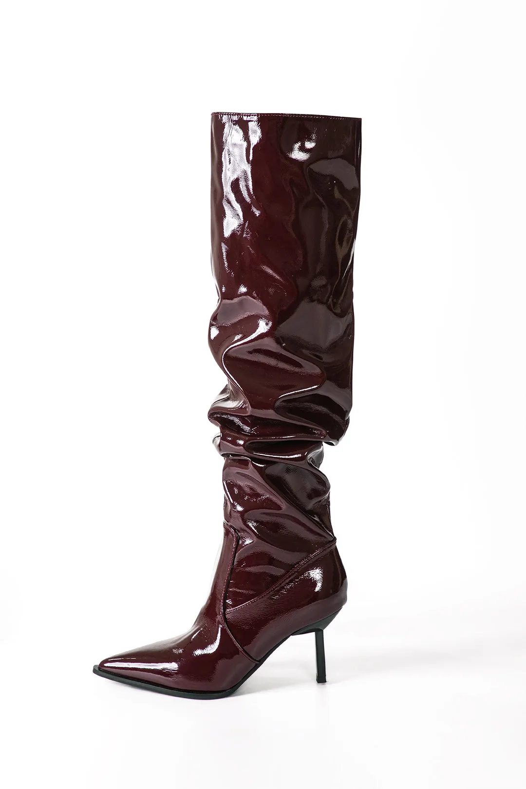 Faux Leather Ruched Pointed Toe Knee High Boots - Burgundy, Black, White