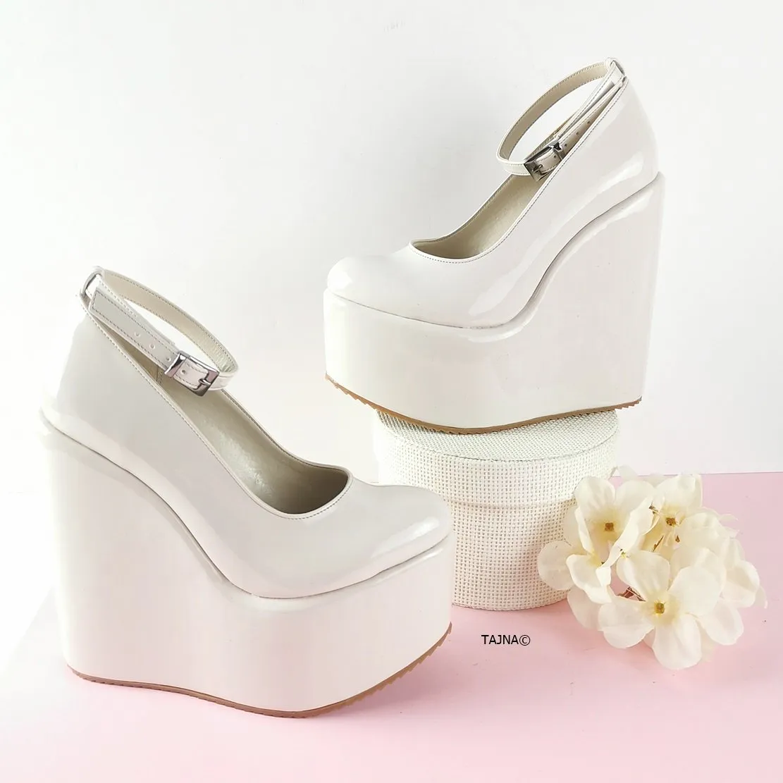 Light Nude Patent Ankle Strap Bridal Wedges