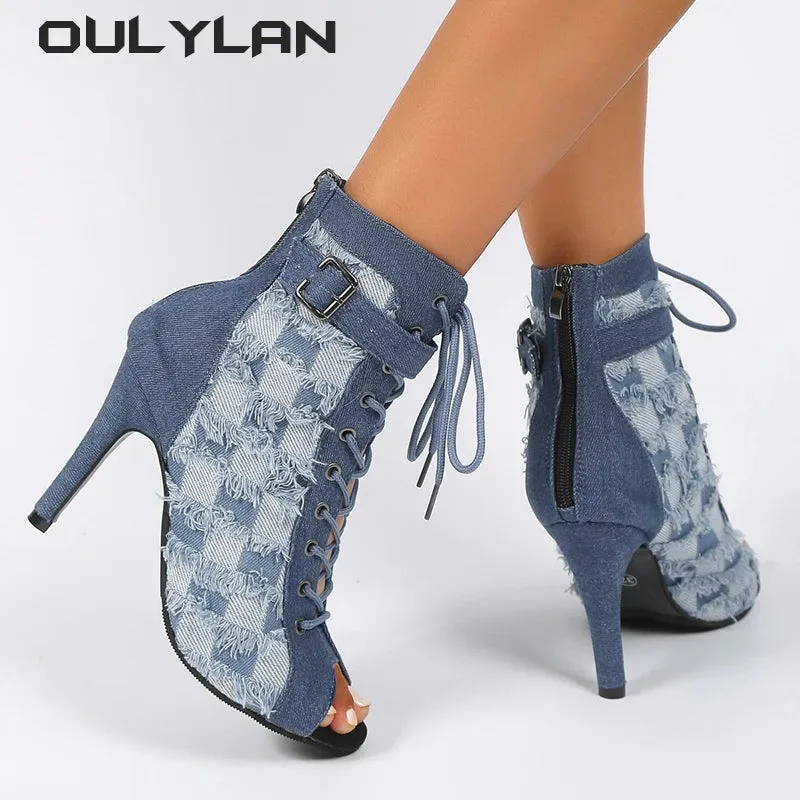 New Fish Mouth Cool Boots Women's Autumn Comfortable Hollow Heels High Heel Dance Sandals Denim Blue Large Size Shoes