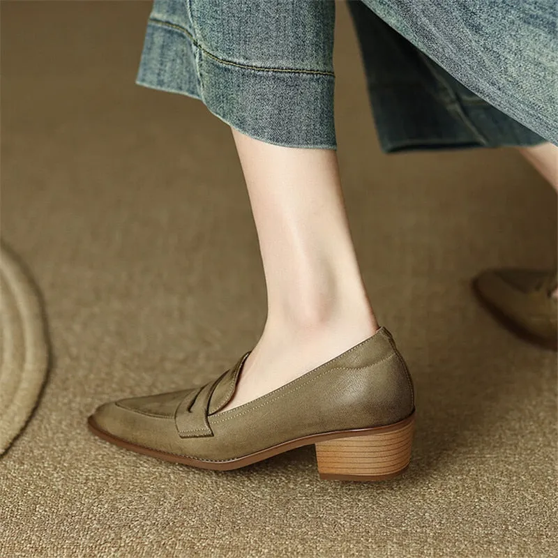 Purpdrank - 2023 New Spring/summer Women Shoes Sheep Leather Women Pumps Pointed Toe Chunky Heel Loafers Shoes for Women Low Heels Handmade