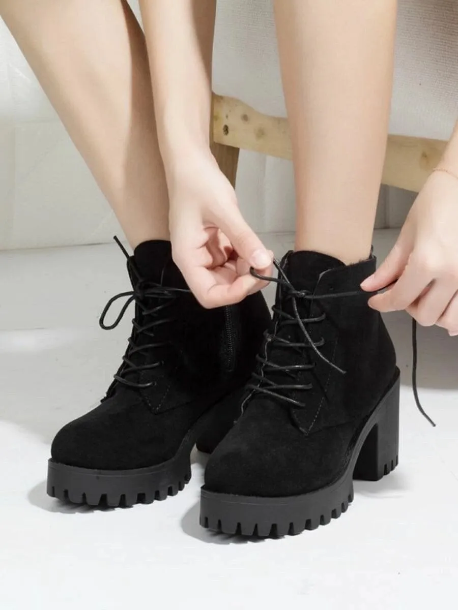 Side Zip Chunky Heeled Lug Sole Boots - Black - FD ⚡