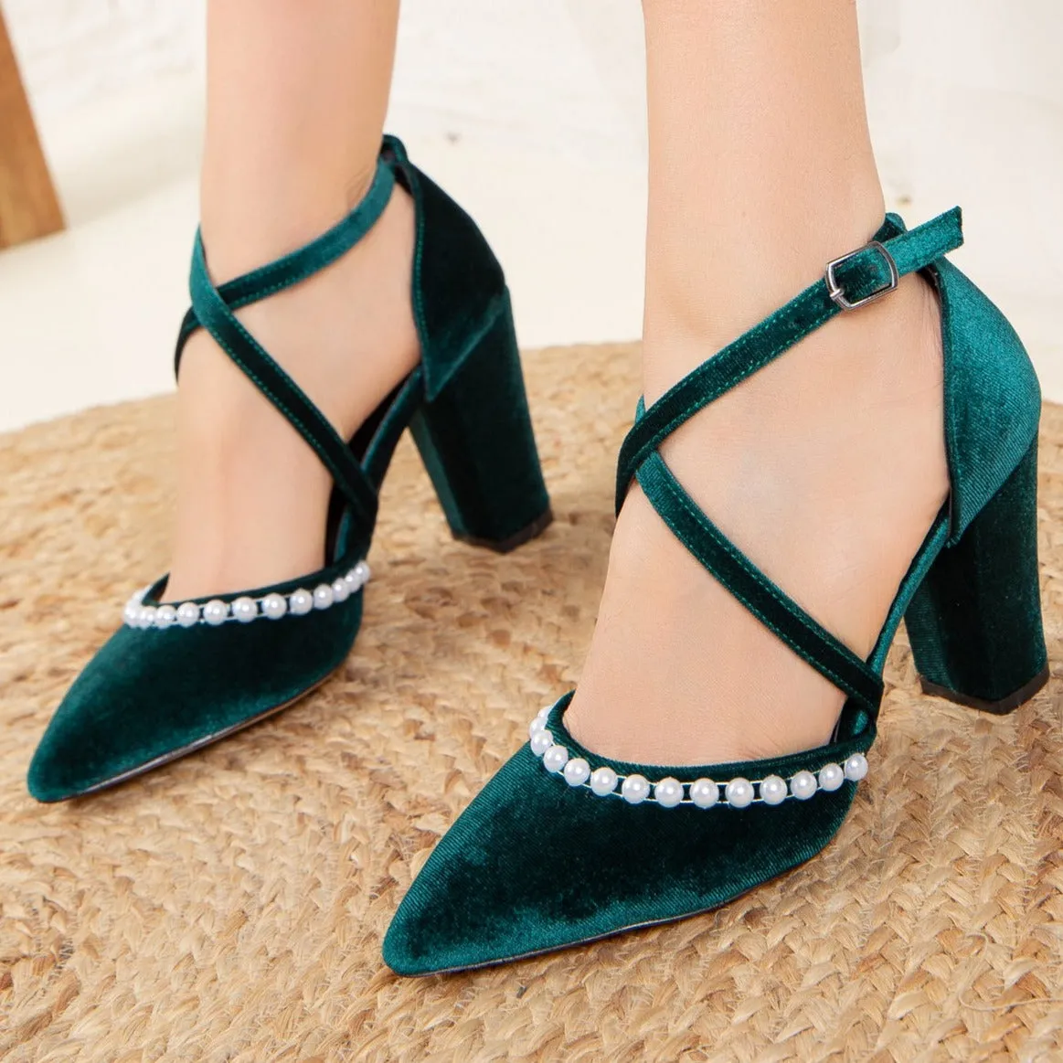 Sina - Green Velvet Pearl Bridal Heels