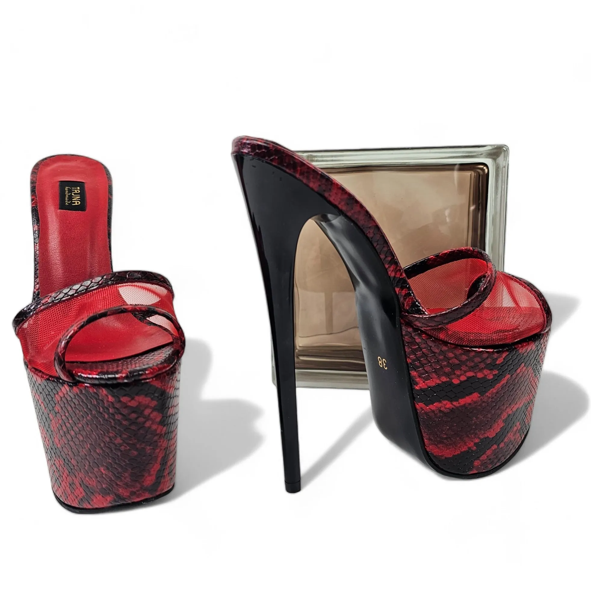 Snake Print Red Black Transparent Leather Slippers
