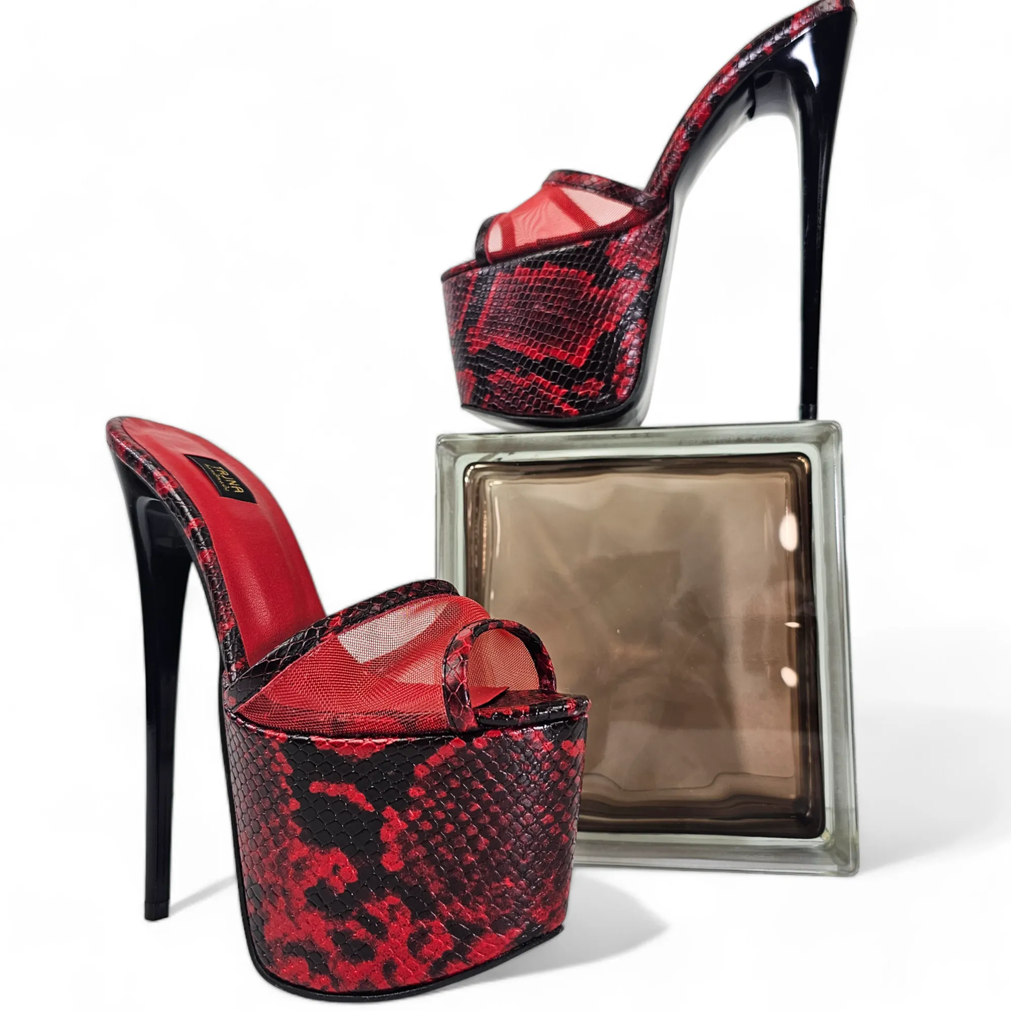 Snake Print Red Black Transparent Leather Slippers