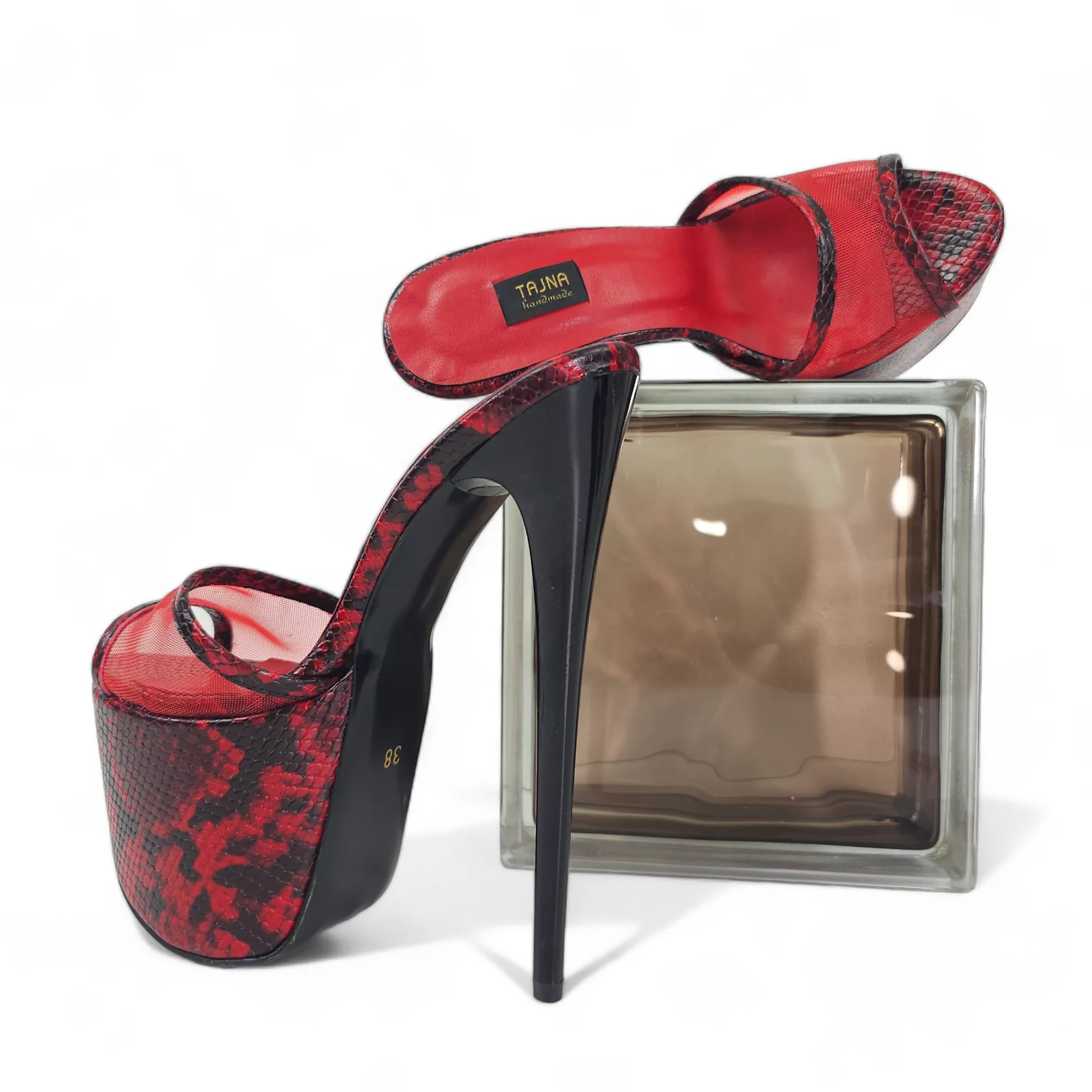 Snake Print Red Black Transparent Leather Slippers