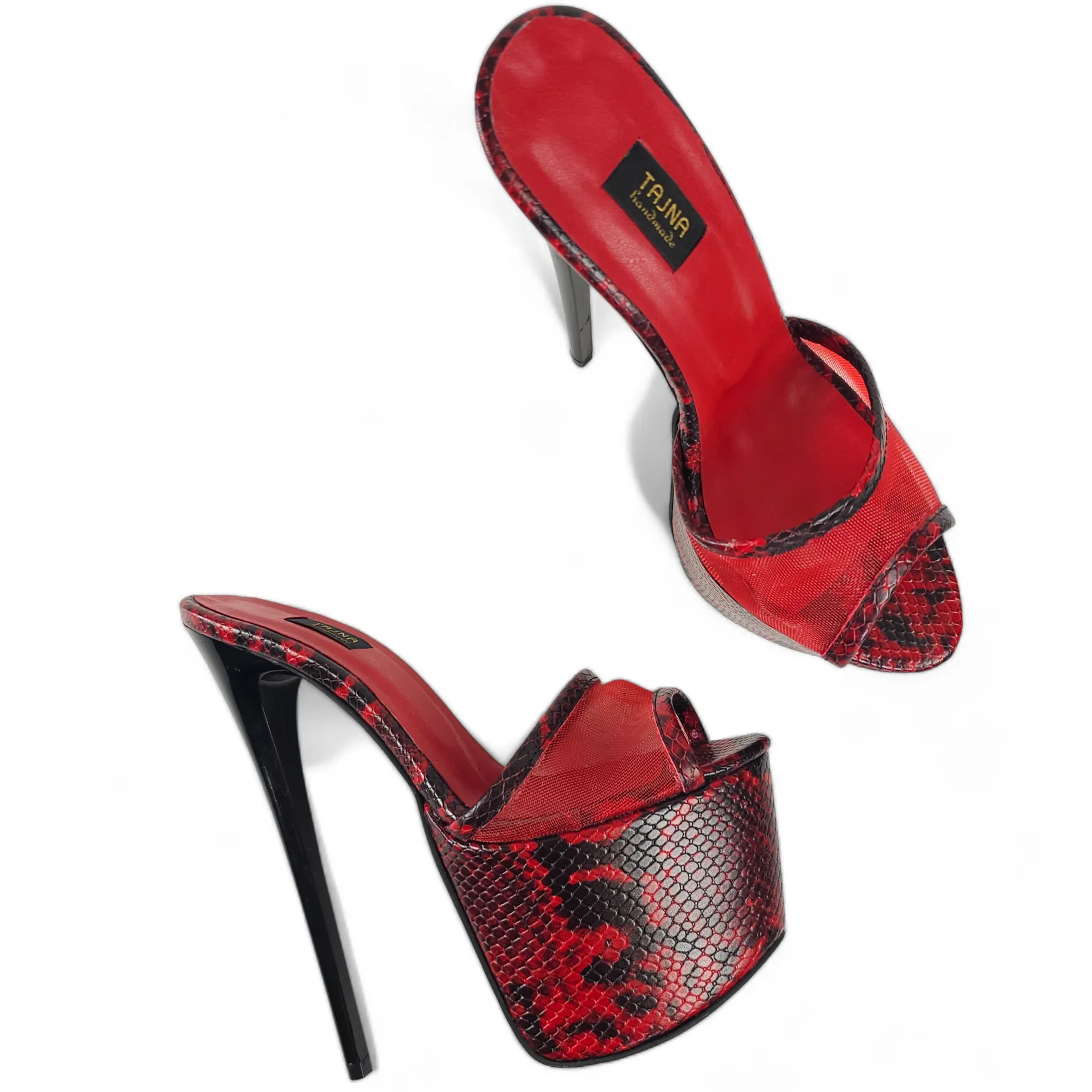 Snake Print Red Black Transparent Leather Slippers