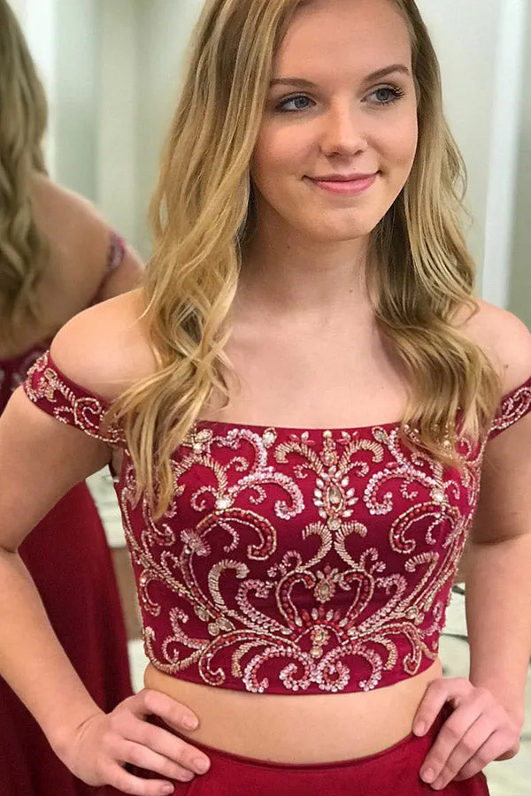 Two Piece Off-the-Shoulder Sweep Train Burgundy Chiffon Prom Dress with Beading LR73