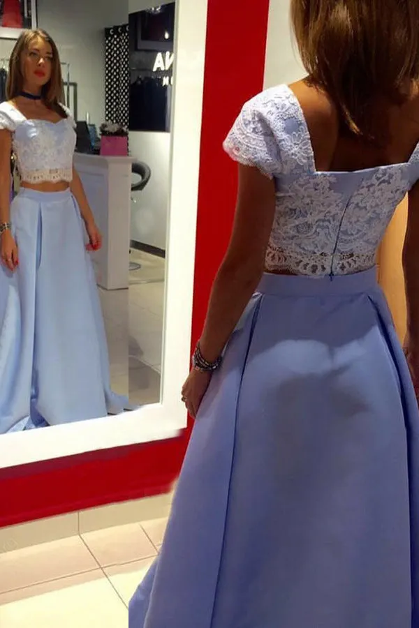Two Piece Square Floor-Length Blue Satin Cap Sleeves Prom Dress with Appliques LR52