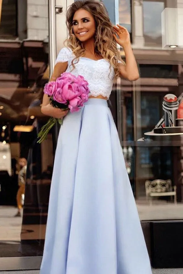 Two Piece Square Floor-Length Blue Satin Cap Sleeves Prom Dress with Appliques LR52