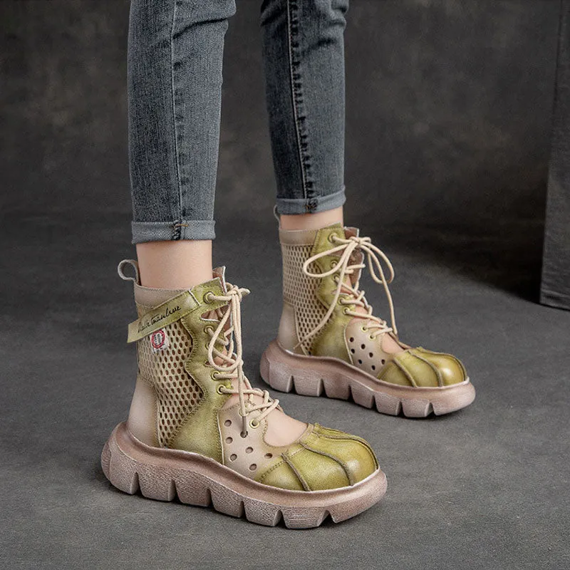 Women's Top Layer Cowhide Mesh Platform Round Toe Sandals Boots