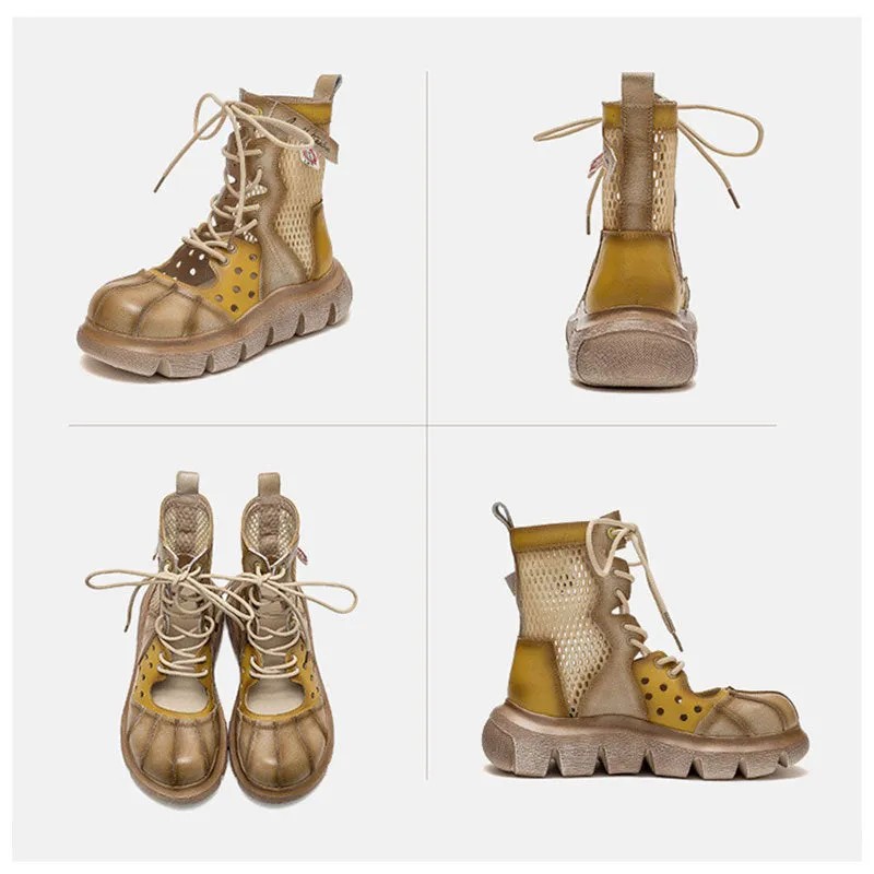 Women's Top Layer Cowhide Mesh Platform Round Toe Sandals Boots